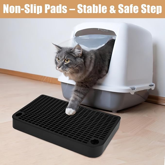 Cat Litter Box Step, Cat Ramp for Litter Box, Double Layered Litter Catcher Mat with Filter Function, Pet Ramp Stool for Kitten & Elderly Cats, Non-Slip & Anti-Litter Tracking, Easy Clean (Black)