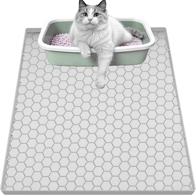 Cat Litter Mat for Litter Box, Silicone Large Cat Litter Trapping Mat - 28x19 in, Waterproof & Non-Slip, Durable & Easy Clean, Light Grey