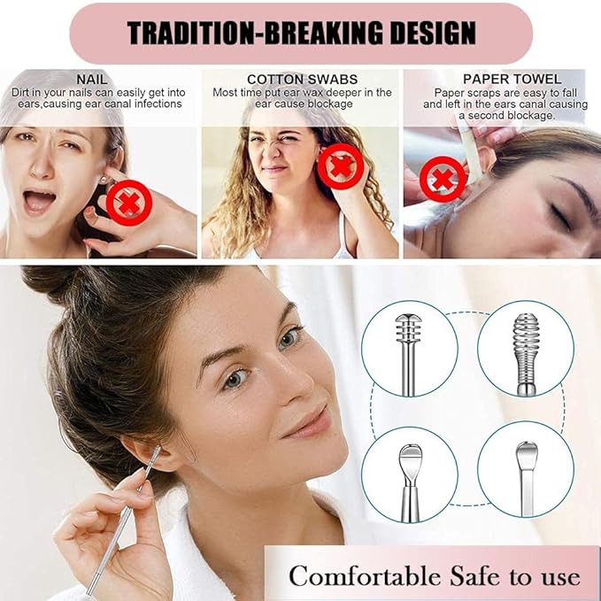 6 Pcs Ear Pick Earwax Removal Kit, Ear Cleansing Tool Set, Ear Curette Cleaner, 360° Spiral Design Ear Canal Cleaner Stainless Steel, with a Storage Box Portable Kit for Home and Travel(Pink)