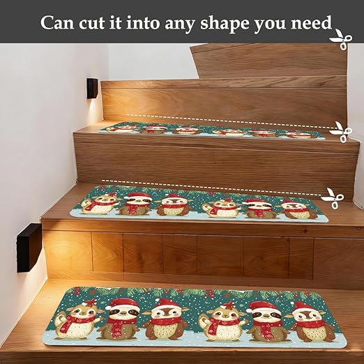 Animal Cute Sloth Christmas Stair Treads for Wooden Steps Indoor Washable Staircase Carpet 1PCS 30"x7.8" Stair Step Treads Non-Slip Staircase Covers Peel and Stick Safety Mat for Kids Elders Pets