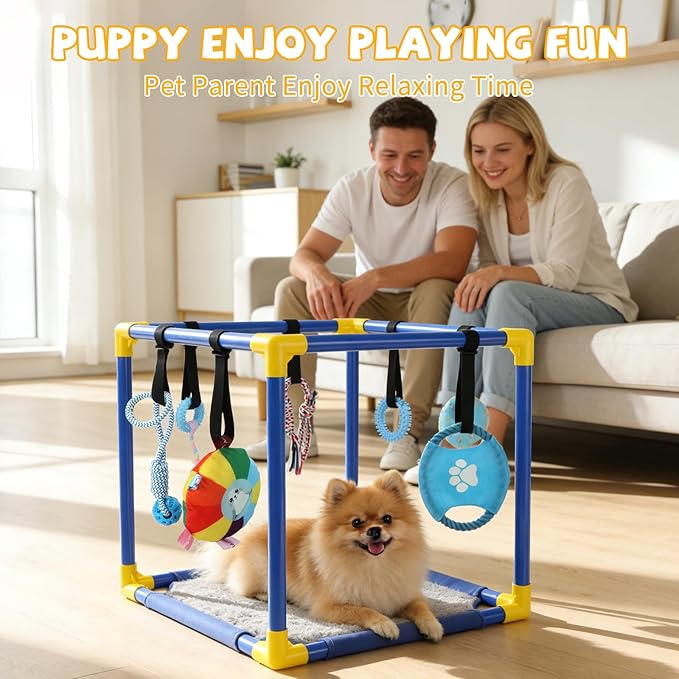 Puppy Play Gym with Hanging Toys, Dog Indoor Jungle Gym as Activities Center for Puppies, PVC Frame with 8 Enrichment Toys for Small Dogs Kitten and Other Pets