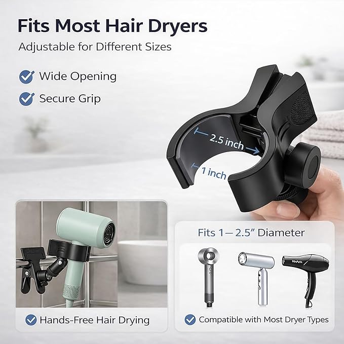 360 Degree Rotating Hands Free Hair Dryer Holder Sturdy Metal Base and Strong Clamp Adjustable and Flexible Blow Dryer Stand for Easy Styling Stable and Easy Installation