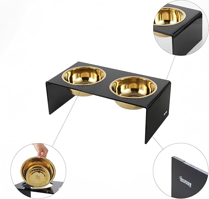 THE LICKER Store DBL2001B Keaton 7.5" Medium/Large Modern Lucite Rectangular Elevated Pet Feeder with 54oz 2-Stainless Steel Bowls, Black/Gold