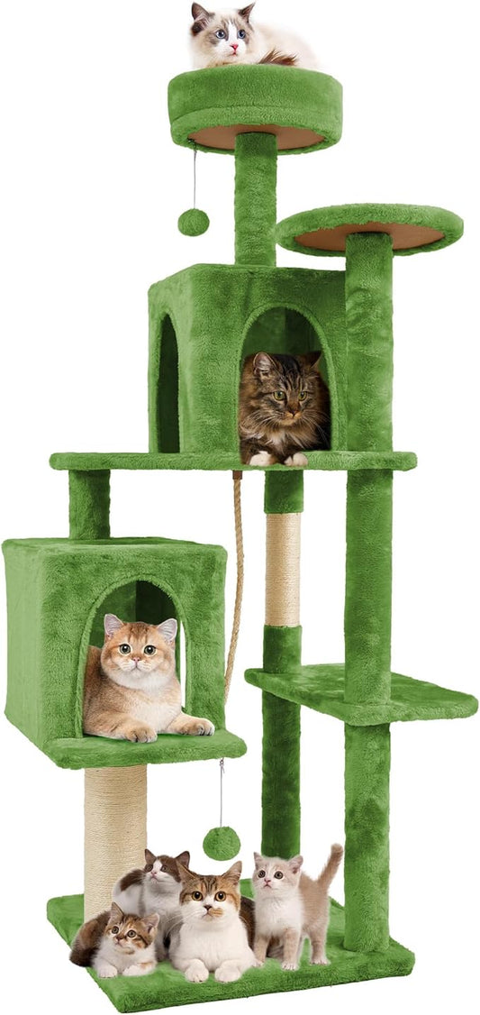 58.5inch Large Cat Tree Tower Condo for Indoor Cats, Soft Plush Multi-Level Climbing Tree Cat House with 1 360° Rotating Cat Cave, Scratching Post, More Entrance/Exit, Sisal Rope, Green