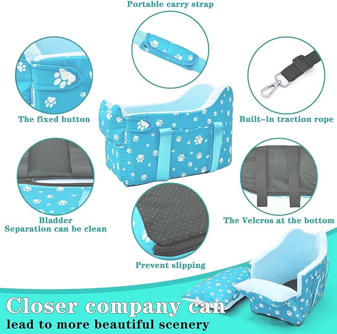Center Console Dog Car Seat for Small Dogs Under 15lbs,Detachable Washable Booster Pet Car Seat Travel Bed with Storage Pockets and Seat Belt(Blue)