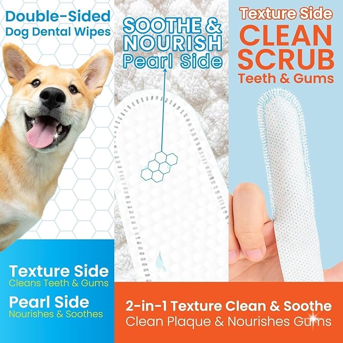 Pet Dog Teeth Cleaning Finger Wipe – 50-Count Disposable Teeth & Gum Cleaning Dental Wipes for Dogs & Cats, Embossed Finger Pads for Plaque & Tartar Removal, Breath Freshening, No-Rinse Oral Care