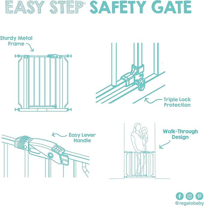 Regalo Safety 29-38.5" Baby Gate for Doorways & Bottom of Stairs, Pressure Mounted Baby Gate with Door for Babies, Toddlers & Pets, Tested & Safe for 30 Years, American Designed, American Owned, White