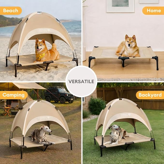 FUNNY FUZZY Elevated Dog Bed with Canopy, Small (24"x18"x7") – Outdoor Raised Dog Cot with Shade, Cooling Breathable Mesh Pet Bed, Portable Waterproof Dog Camping Bed for Large Medium Small Dogs,Khaki