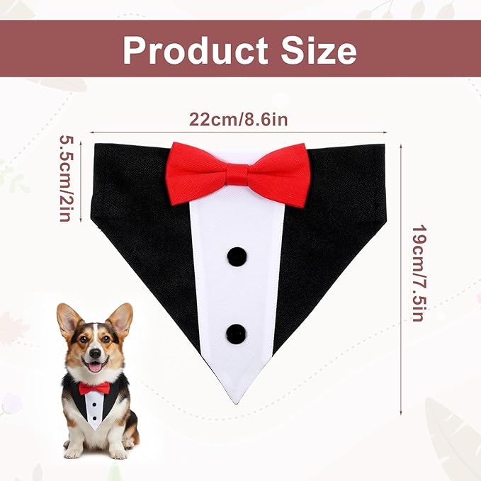 Dog Tuxedo Costumes, Dog Wedding Outfit Bandana with Bow Tie Dogs Tuxedo Bandana Collar with Bow Tie Adjustable Formal Dogs Bandanas Collar Costume for Small Medium Large Petdogs (Red, L)