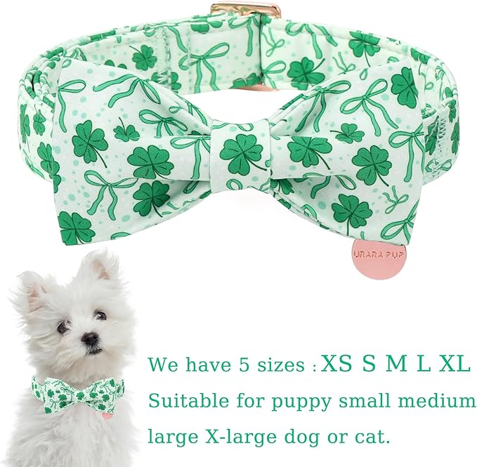 St. Patrick's Day Dog Collar with Bow Tie, Spring Shamrock Bowtie Collar for Girl Boy Dog, Lucky Clover Dog Collar with Metal Buckle, Green Collar for Dogs, XS