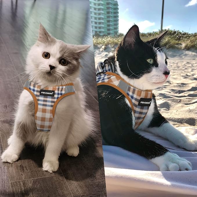 FAYOGOO Cat Harness and Leash Set (BrownBlueplaid, M(Chest 10-12"))