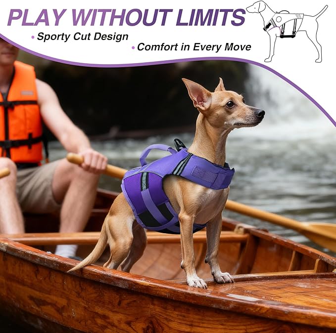 VIVAGLORY Sports Style Dog Life Vest, Dog Life Jacket for Swimming & Boating, Ripstop & Buoyancy for Puppy Doggy, Lifejacket with Handle, XS, Purple