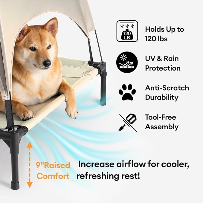 FUNNY FUZZY Elevated Cooling Dog Bed with Canopy(30"x24"x7"), Khaki, Outdoor Raised Dog Cot with Shade, Cooling Breathable Mesh Pet Bed, Portable Waterproof Dog Camping Bed for Large Medium Small Dogs