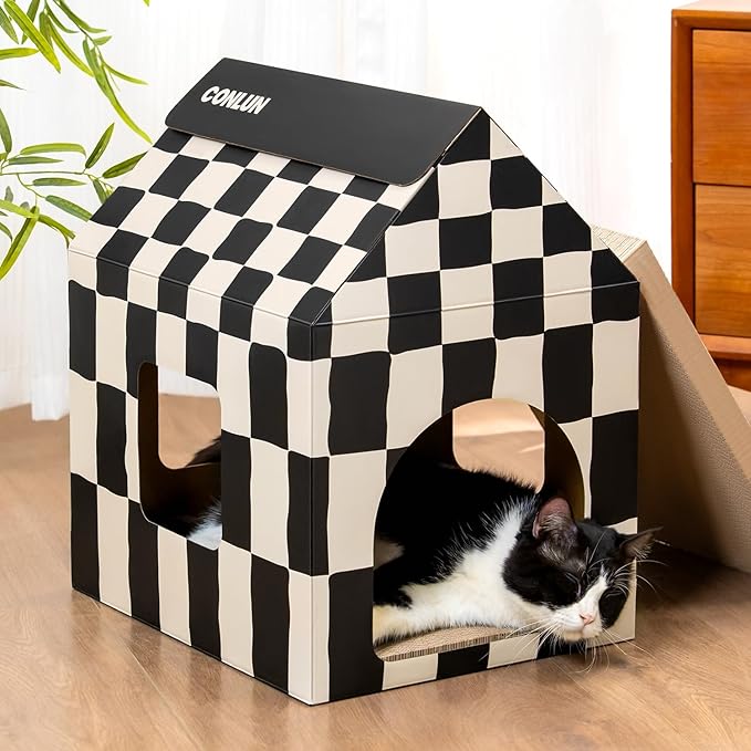 Conlun Cardboard Cat House with Scratch Pad & Catnip, Cat Play Scratching House for Indoor Hideaway Furniture, Heavy Duty Sturdy Cardboard Scratcher, Easy to Assemble Birthday Gift, Large