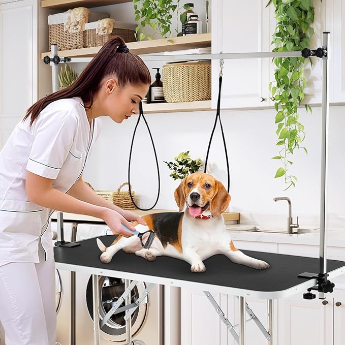 Giantex 47'' Dog Grooming Table with Adjustable Arm & 2 Nooses, Foldable Pet Grooming Station with Non-Slip Waterproof Surface, Mesh Storage Tray, Heavy Duty for Small to Large Dogs