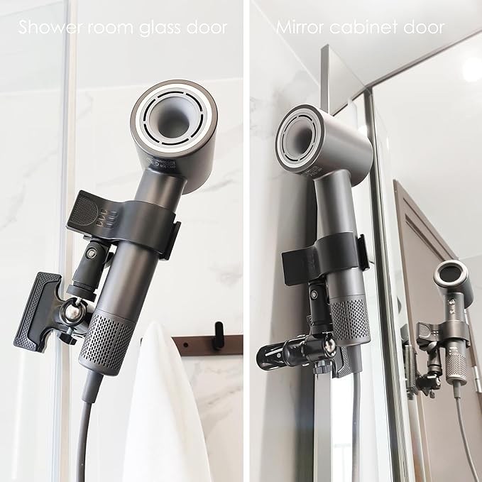 Rotatable Hair Dryer Holder with Sturdy Metal Clamp, 360-Degree Adjustable Table Mount, Black