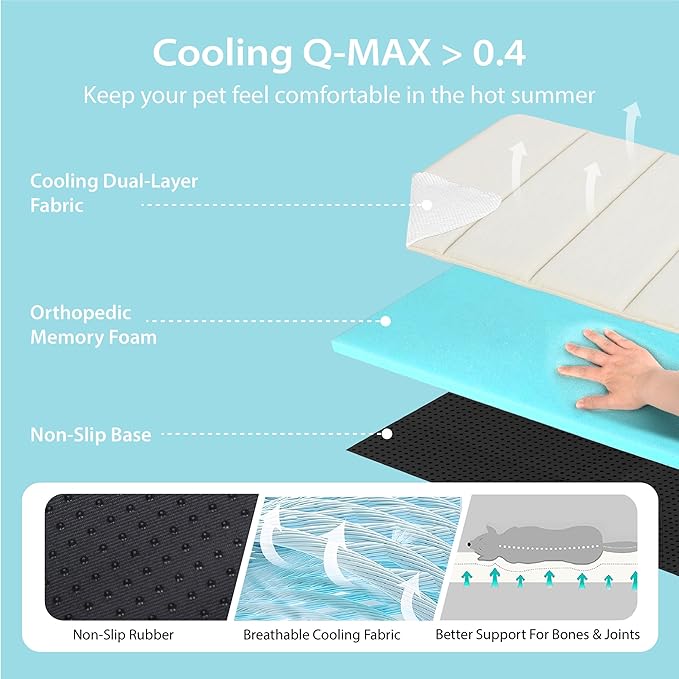 Dog Cooling Mat for Small Dogs - 24x18 Orthopedic Memory Foam Pet Pad for Summer, QMAX>0.5, Washable Premium Comfort Crate Pad for Your Furry Companion, Dark Beige