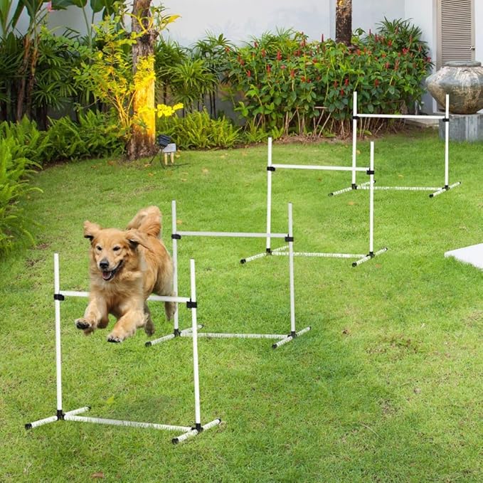 anwickjeff 4 Piece Dog Agility Training Equipment with Adjustable Height Jump Bars, Included Carry Bag, & Displacing Top Bar, Advanced Obstacle Courses for Dog Backyard Competitive (White, 4 Piece)