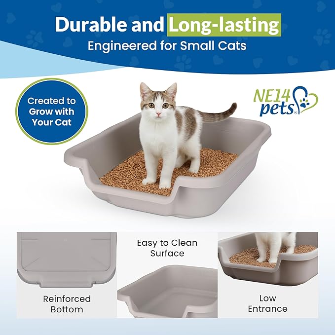 KittyGoHere Senior Cat Litter Box, Small Litter pan with Long-Handle Jumbo Scoop, Open Top Low Entrance Kitty Litters Box, Lightweight Low Entry Litter Box, Durable, Made in USA (Misty Gray)
