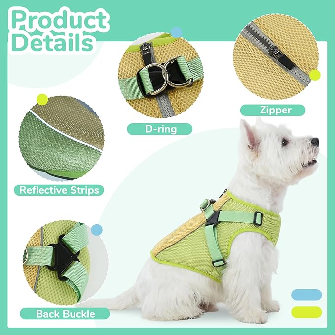 FUAMEY Dog Cooling Vest for Small Dogs Doggy Evaporative Cooling Jacket in Hot Weather Puppy Breathable Mesh Cooler Vest with Reflective Stripe Pet Summer Harness Shirt for Hiking Training Green S