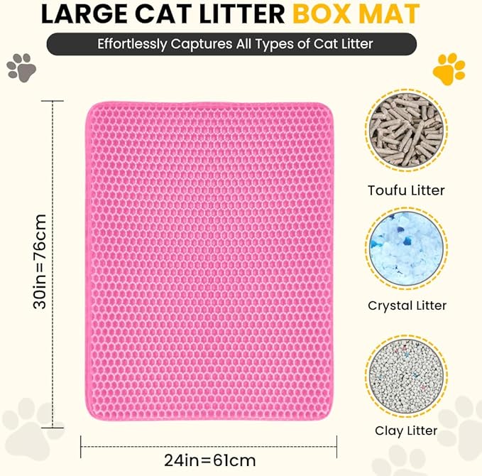 Andalus Brands Large Cat Litter Mat - Waterproof & Urine-Proof Litter Box Mat, Non-Slip Kitty Litter Mats for Floor, Easy to Clean Litter Trapping Design (30" x 24", Pink)
