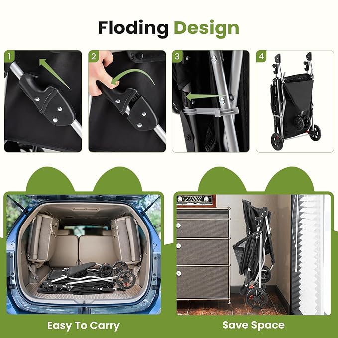NEWBULIG 3 Wheel Pet Stroller for Dogs and Cats, Foldable, Lightweight and Durable for Small to Medium Pets, Includes Storage Basket and Cup Holders