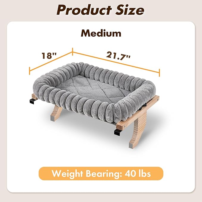 Zoratoo Cloud-Cuddle Cat Perch for Window Sill with Bolster, Natural Wood & Metal Frame Cat Window Seat for Large Cats, Easy to Adjust Zipper Cushion Pet Bed for Windowsill (Medium, Gray)