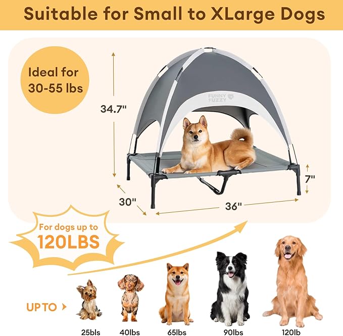FUNNY FUZZY Elevated Dog Bed with Canopy,Grey, Large(36"x30"x7")–Outdoor Pet Cot with UV Protection, Breathable Mesh for Cooling, Indoor & Outdoor Use for Dogs up to 120 lbs