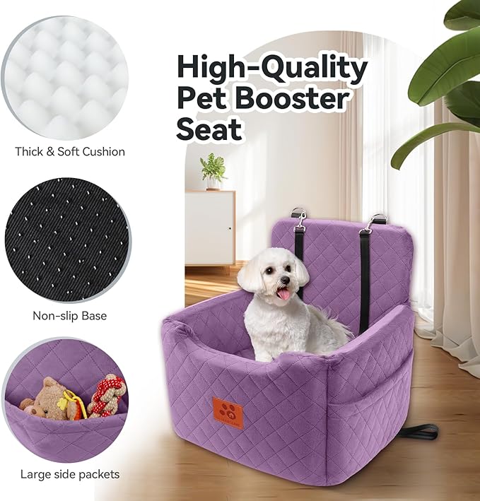 GL GLENSLAVE Dog Car Seat for Small/Medium Dogs Under 35lbs,Memory Foam Dog Booster Seats,Detachable and Washable Traval Pet Car Seat, Dogs Bed with 2 Safety Belts (Purple)