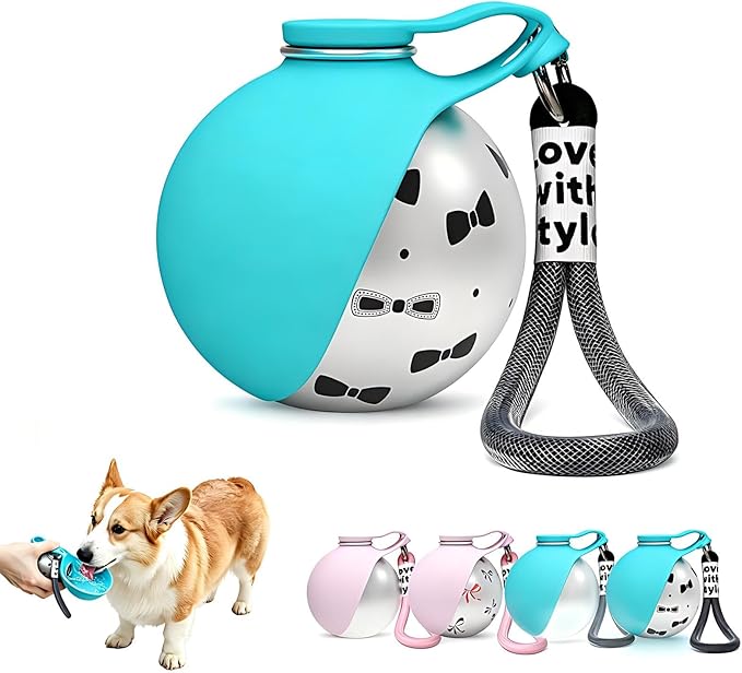 Portable Dog Water Bottle, 10 fl oz Stainless Steel Bottle & Silicone Bowl, Leak-Proof & Compact Puppy Travel Water Bottle with Lanyard, Water Dispenser for Walking Hiking Traveling, Printed, Blue