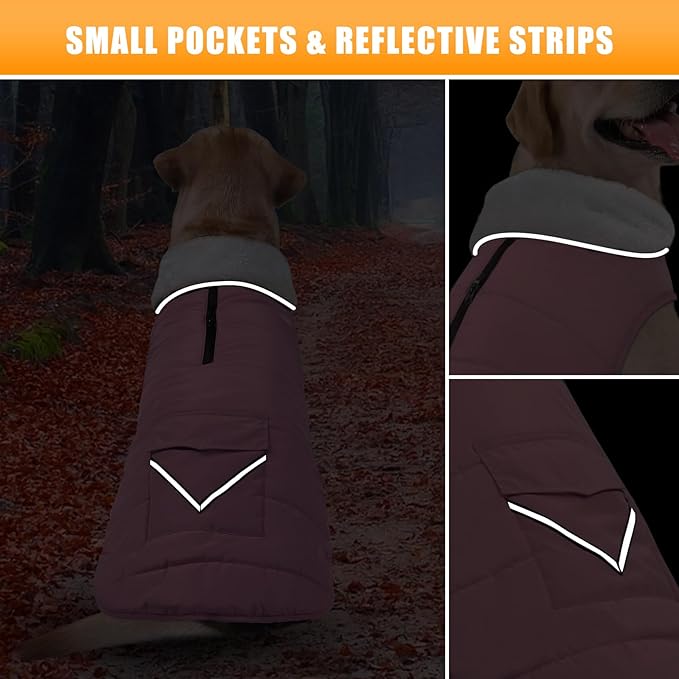 Dog Winter Jacket for X-Large Dogs, Easy on Dog Fleece Snow Coat Velcro Waterproof Pet Puffer Coat with Harness Hole Adjustable Reflective Quilted Pet Cold Weather Vest for Girl Female
