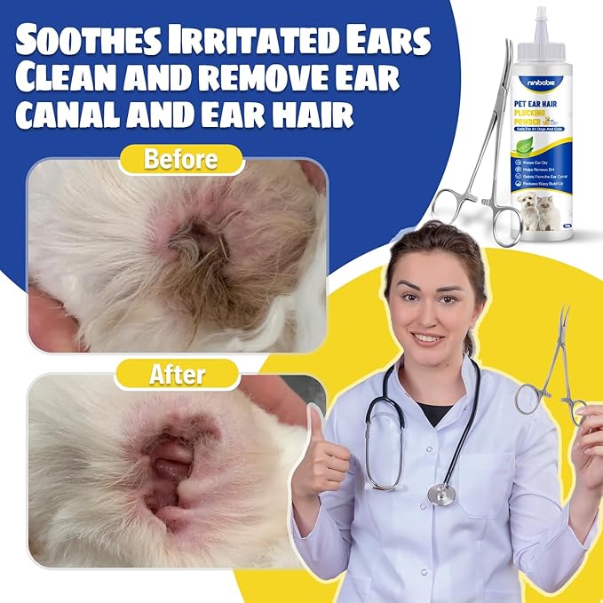 Updated Dog Ear Powder for Hair Removal,Ear Powder for Dogs Plucking with 5.5inch Hemostat Locking Forceps Curved, Removing Earwax and Odor