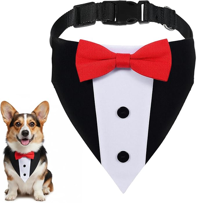 Dog Tuxedo Costumes, Dog Wedding Outfit Bandana with Bow Tie Dogs Tuxedo Bandana Collar with Bow Tie Adjustable Formal Dogs Bandanas Collar Costume for Small Medium Large Petdogs (Red, L)