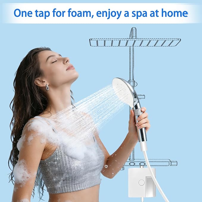 RINBOU Foam Shower Head with Dual-Mode Foam/Clear Water Spray, High Pressure Handheld Showerhead with Hose for Kids Pets Family Bathroom, Battery-Powered Bubble Maker with Soap Dispenser