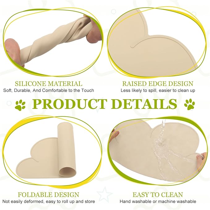 Silicone Pet Feeding Mat, Waterproof Dog Cat Food Bowl Placemat Tray Anti-Slip with Raised Edge Foldable Heat-Resistant (Beige, Cloud Shape), Intended for Cat Dog Water Bowl