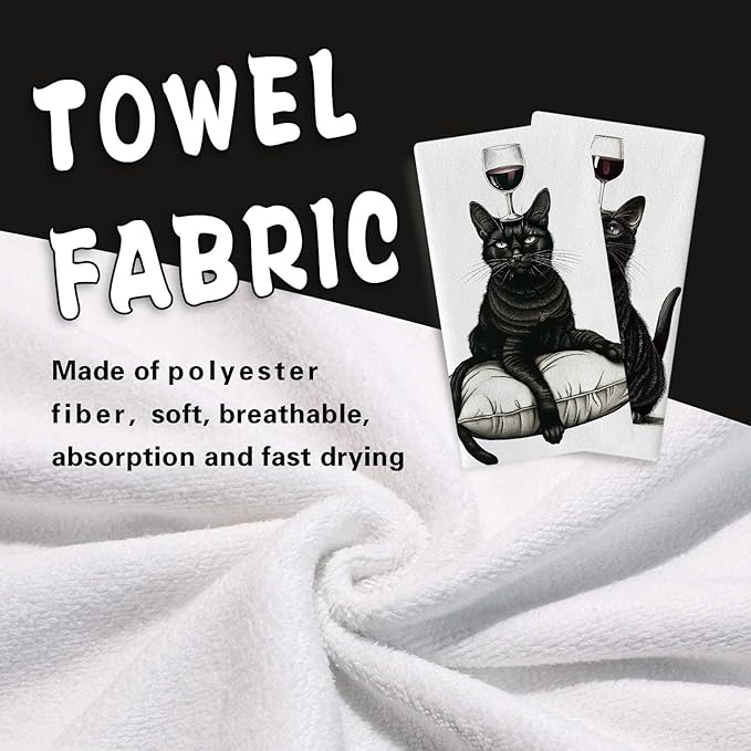 Funny Black Cat Kitchen Dish Towels Set of 2, Red Wine Bar Pub Drying Hand Towel Baking Cooking Cloth, Gifts for Pet Cat Owner Lovers Bathroom Home Decoration 18'' x 26''