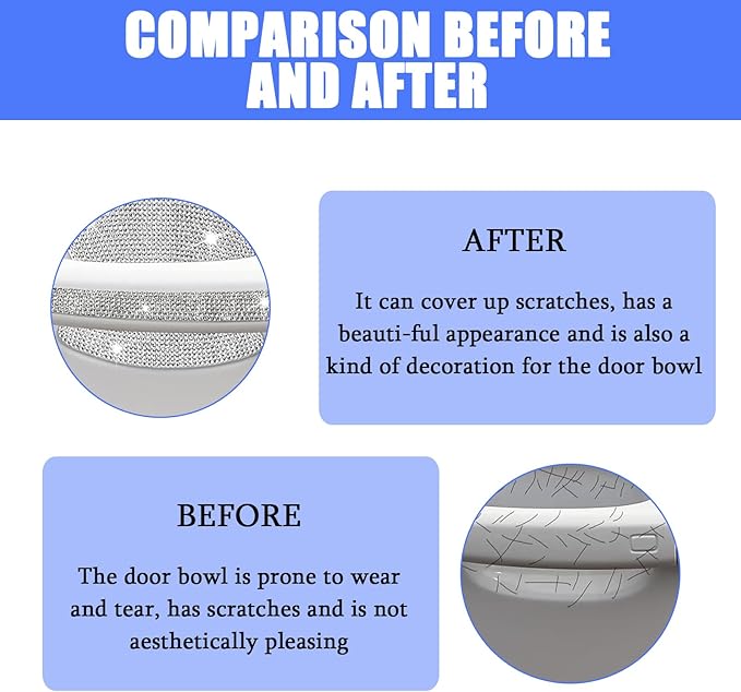 8 PCS Bling Car Door Handle Protector, Sparkling Rhinestone Door Handle Protective Sticker for Women, Scratch-resistant Waterproof Doors Bowl Decals, Universal for Car, SUV, Truck (Silver)