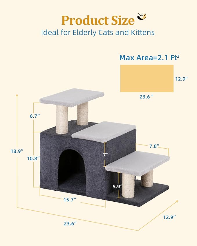 Aechonow 3-in-1 Pet Stairs for Cats, Dog Steps for Doggie Rabbits,7.8'' Depth Cat Stairs,Indoor Cat Steps for High Bed for Pet's Joints, Soft Plush, 1 Big Cat Condo Cave, Sisal Scratcher, Grey, Large