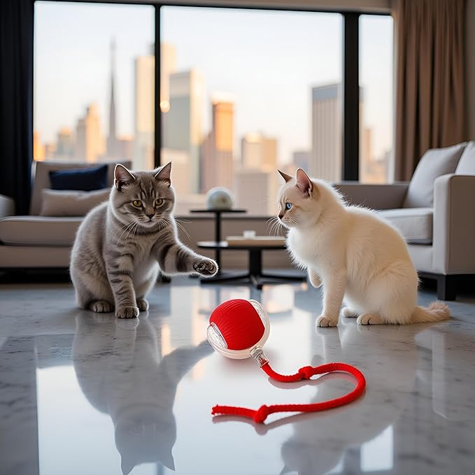Interactive Dog Cat Toy Ball, Electric Automatic Rolling Moving USB Rechargeable Self Activated Stimulation Toy with Speedy Tail Rope for Indoor Cats and Dogs (Red)