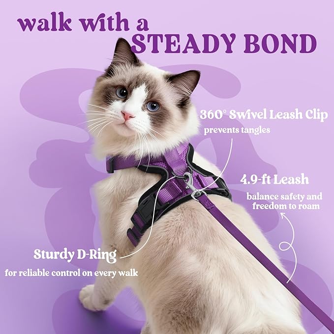 rabbitgoo Cat Harness and Leash Set, Escape Proof Vest Harness for Safe Outdoor Walks, Soft Breathable Adjustable Vest with Reflective Strips for Average to Large Cats, Purple, M