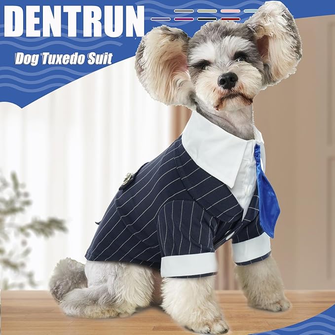 DENTRUN Navy Blue Dog Tuxedo - Formal Pinstripe Pet Suit Shirt with Satin Tie, Elegant Wedding Outfit Birthday Party Attire for Golden Retriever Husky Border Collie Large Dogs (Polyester), XXXL
