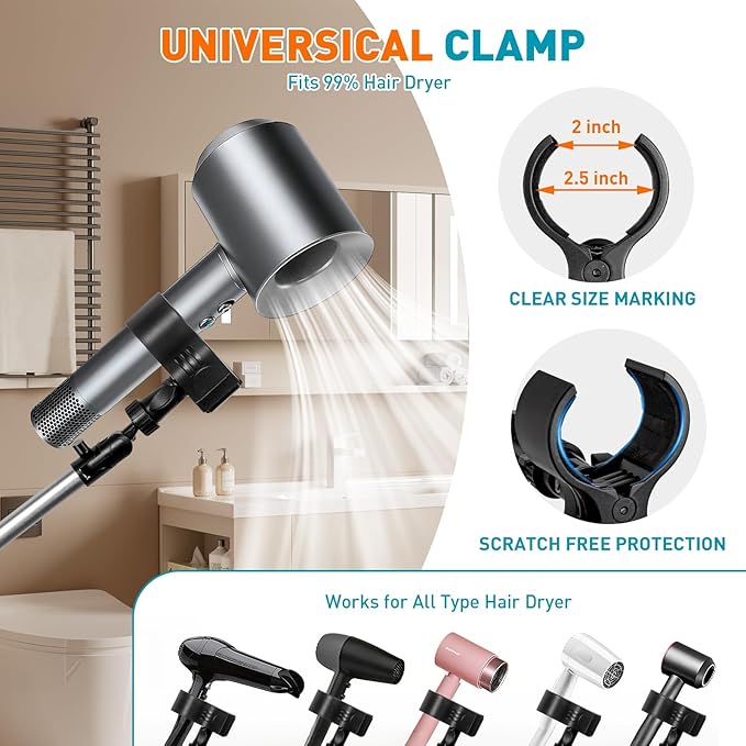 Hair Dryer Stand Hands Free, Hair Dryer Holder Stand with Rotary Lock Swing Arm, 23.6–63" Adjustable Height Hair Diffuser Stand, 360° Rotating with Heavy Base for Dyson Supersonic Bathroom, Vanity