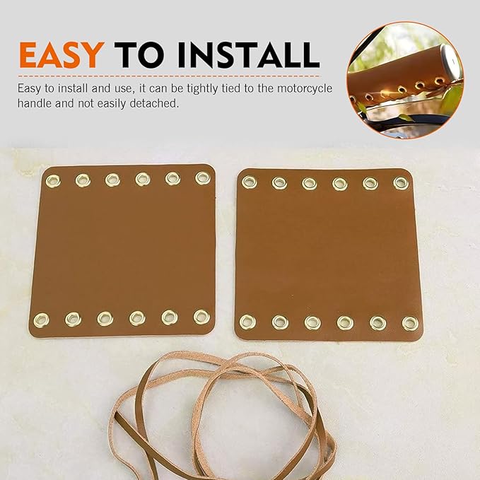 2 PCS Motorcycle Leather Handlebar Grip Covers, 4.5" x 4.4" PU Leather Anti-Slip Wrap-Around Handle Protectors with Adjustable Strap, Universal Motorcycle Modification Accessories (Brown)