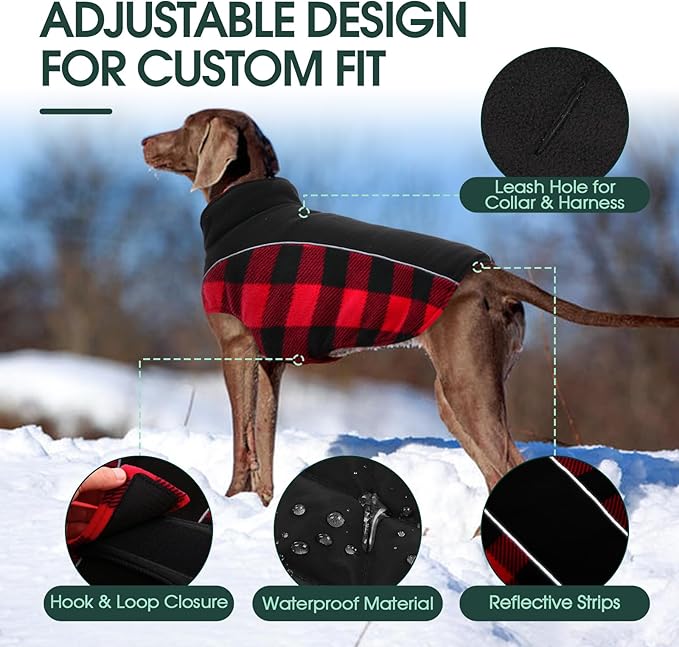 Kuoser Dog Winter Coat, Reversible Waterproof Dog Jacket with Reflective Strip, Warm Dogs Fleece Vest Adjustable Doggy Cold Weather Clothes Plaid Christmas Outfit Pet Apparel for Medium Dogs, Red M