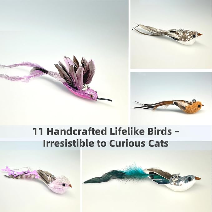 11PCS Realistic Bird Cat Toy Refills – Handmade Feather Cat Toys with Bell, Clip-on Cat Wand Attachments – Interactive Cat Toys for Indoor Cats, Refill Set for Wand Toy or Cute Home Décor