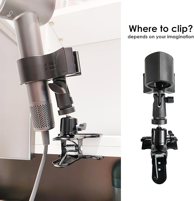 Rotatable Hair Dryer Holder with Sturdy Metal Clamp, 360-Degree Adjustable Table Mount, Black