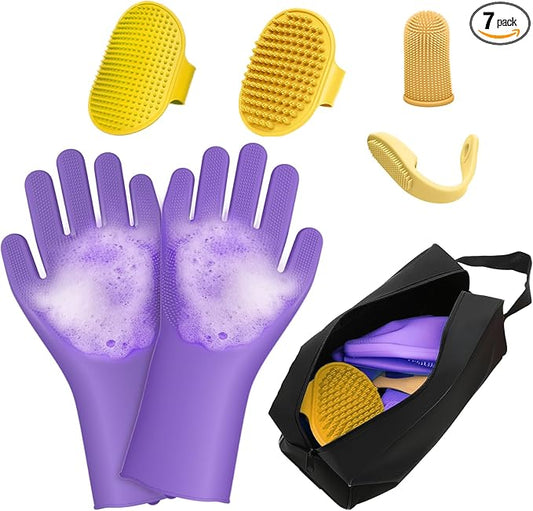 7PCS Pet Grooming Kit for Dogs and Cats | Dog Bath Brush | Washing Gloves | Cleanroom Gloves | Dog Shampoo Brush | Finger Toothbrushes | Storage Bag | All-in-One Pet Care (Purple)