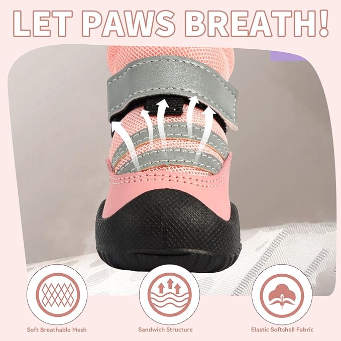 Dog Boots, Waterproof Dog Shoes with Reflective Straps, Rugged Anti-Slip Sole Paw Protectors for Medium Large Dogs, Breathable Pet Booties for Hot Pavement, Snow, Hiking, 4Pcs