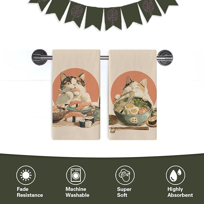 Funny Cat Japanese Food Kitchen Dish Towels Set of 2, Pet Sushi Ramen Noodles Drying Hand Towel Baking Cooking Cloth, Asian Cuisine Restaurant Dinning Room Home Decor 18'' x 26''