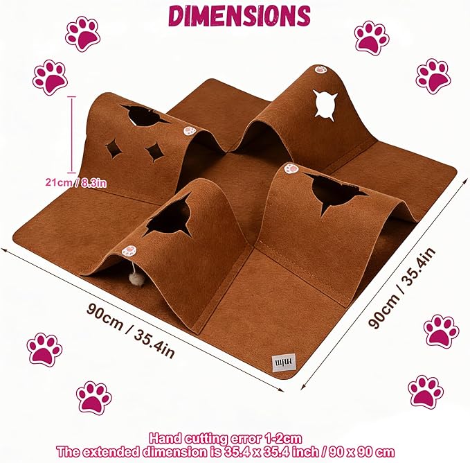 Cat Tunnel Play Mat for Indoor Cats, Felt Interactive Pet Toy with Hidden Ball, Enrichment Activity Rug, Collapsible Cave for Kittens & Small Pets (Brown)